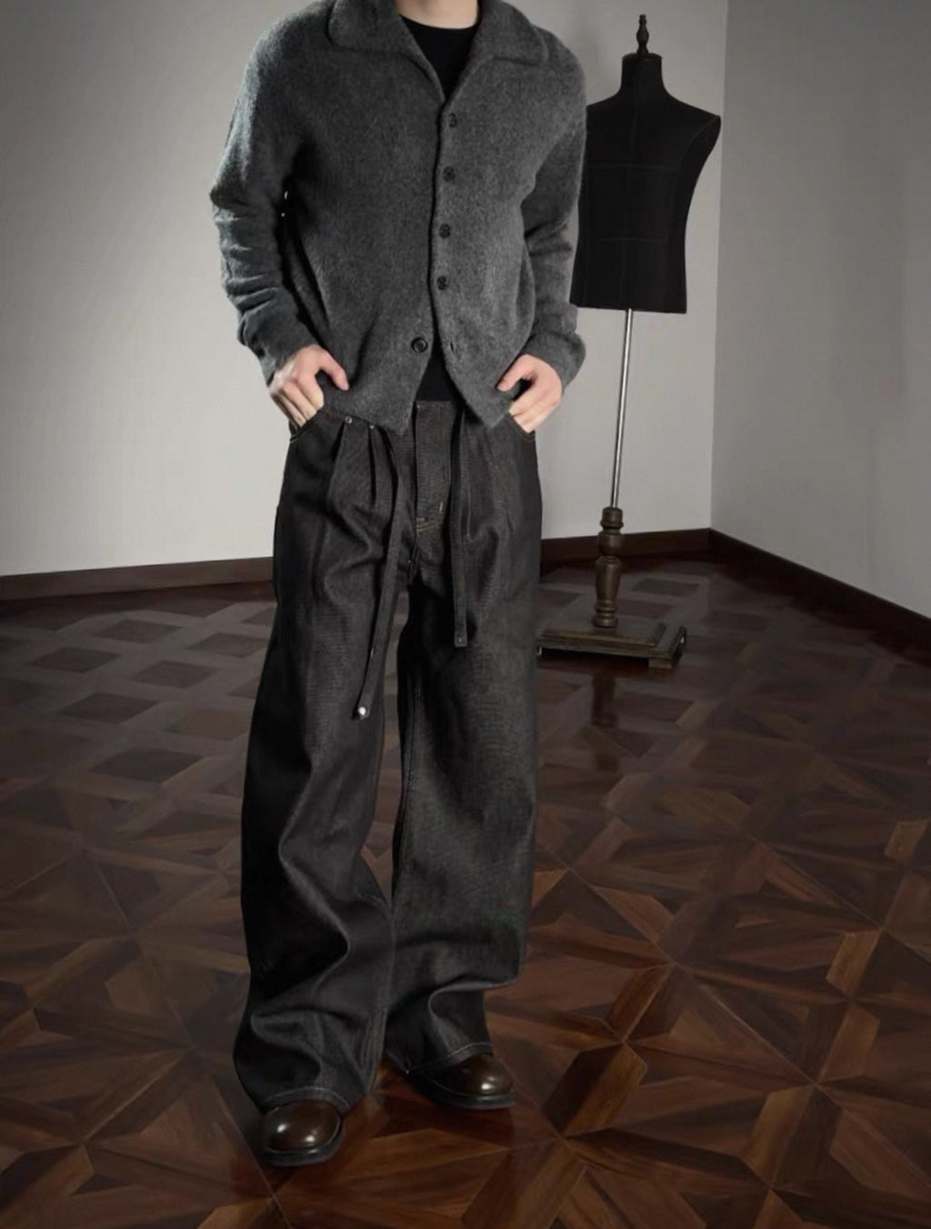 Double Pleated Raw Denim Loose Fit Jeans
